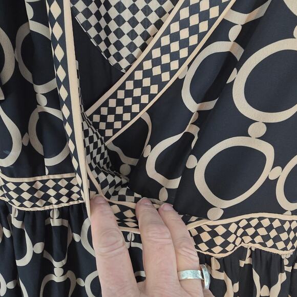 Gretchen Scott Le Marais Dip Dot Dress Black Tan Tiered Chiffon Midi Maxi M NEW - Picture 8 of 10